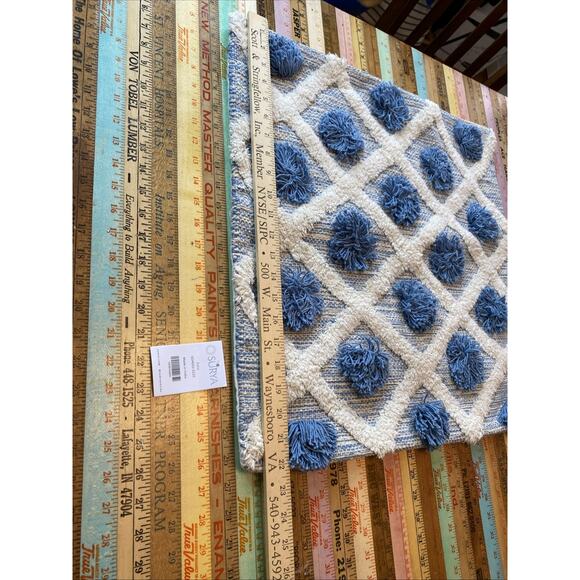 Surya Shaggy Texture White Blue Aztec Boho Tribal Pillow Cover 22x22 100% Cotton - Picture 7 of 10